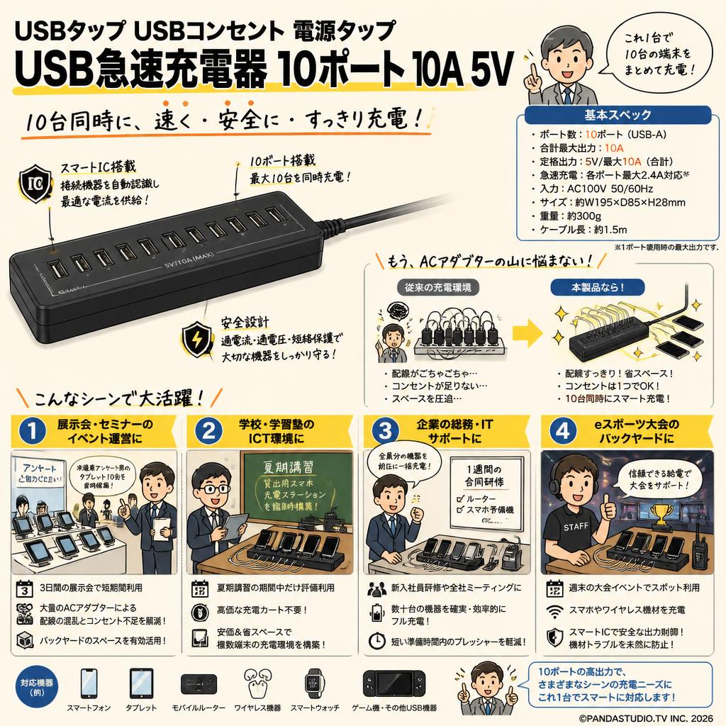 USBタップ USBコンセント 電源タップ USB急速充電器  10ポート 10A 5V おもな対象のお客様
