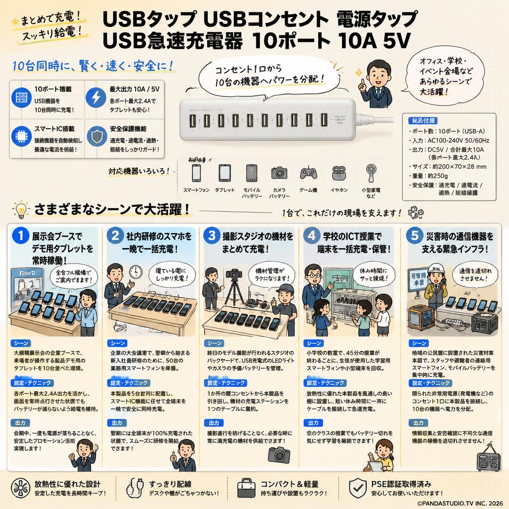 USBタップ USBコンセント 電源タップ USB急速充電器  10ポート 10A 5V 用途