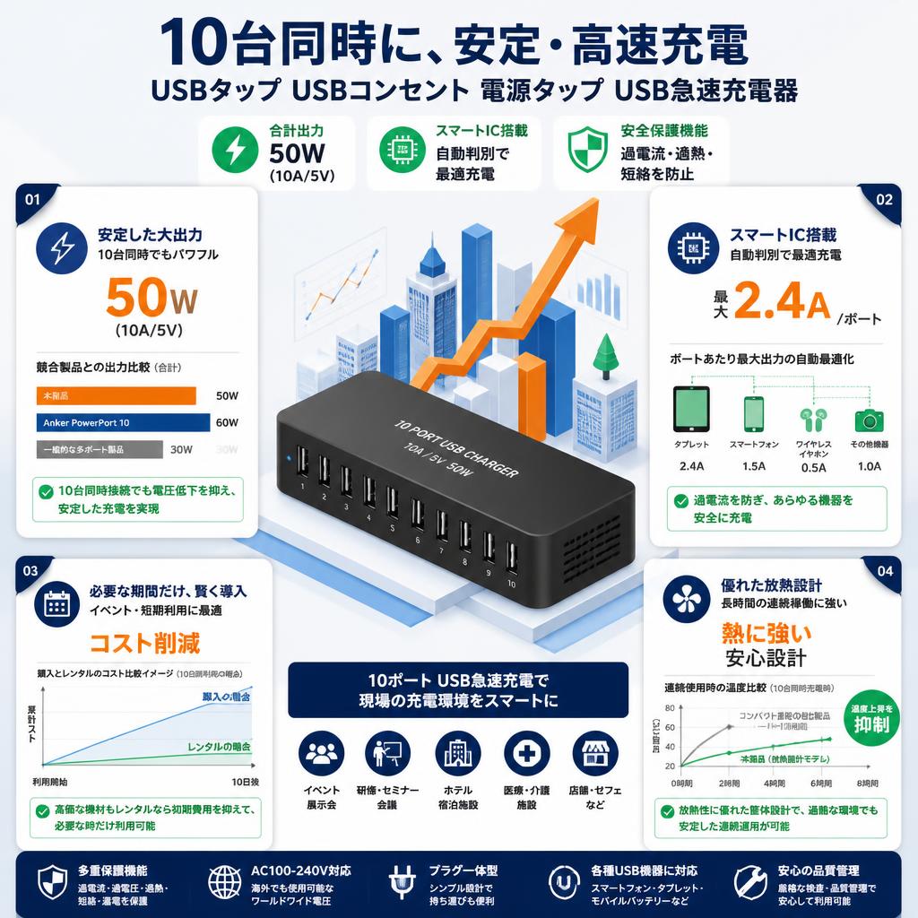 USBタップ USBコンセント 電源タップ USB急速充電器  10ポート 10A 5V セールスポイント