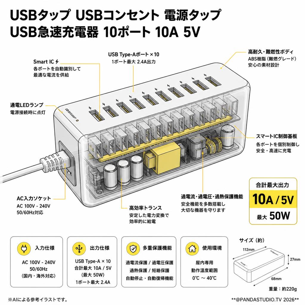 USBタップ USBコンセント 電源タップ USB急速充電器  10ポート 10A 5V スペック