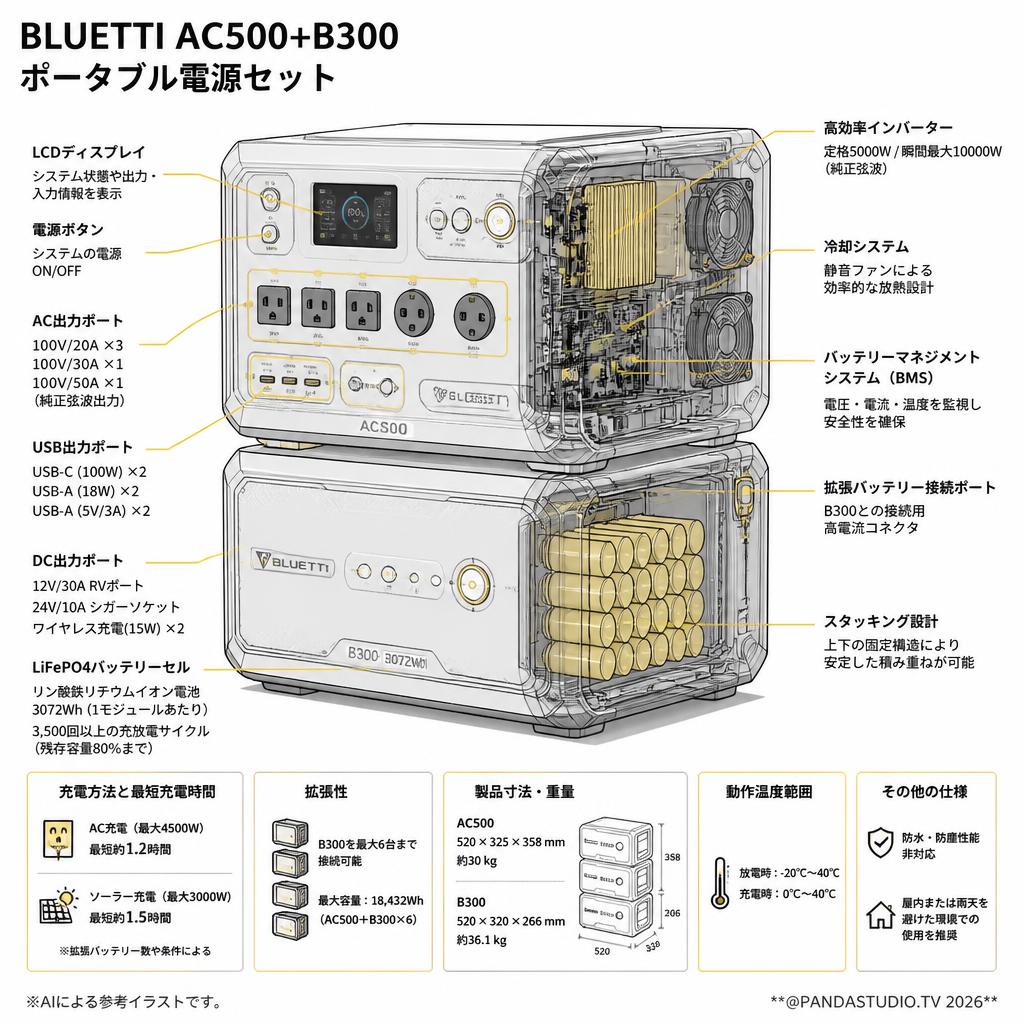 BLUETTI AC500+B300 ポータブル電源 セット 【クロネコ発送不可/佐川急便配送】 スペック
