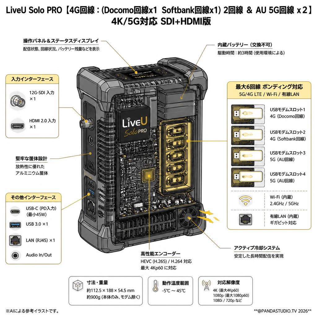 LiveU Solo PRO【4G回線：(Docomo回線x1　Softbank回線x1) 2回線 ＆ AU 5G回線 x２】4K/5G対応 SDI+HDMI版 スペック