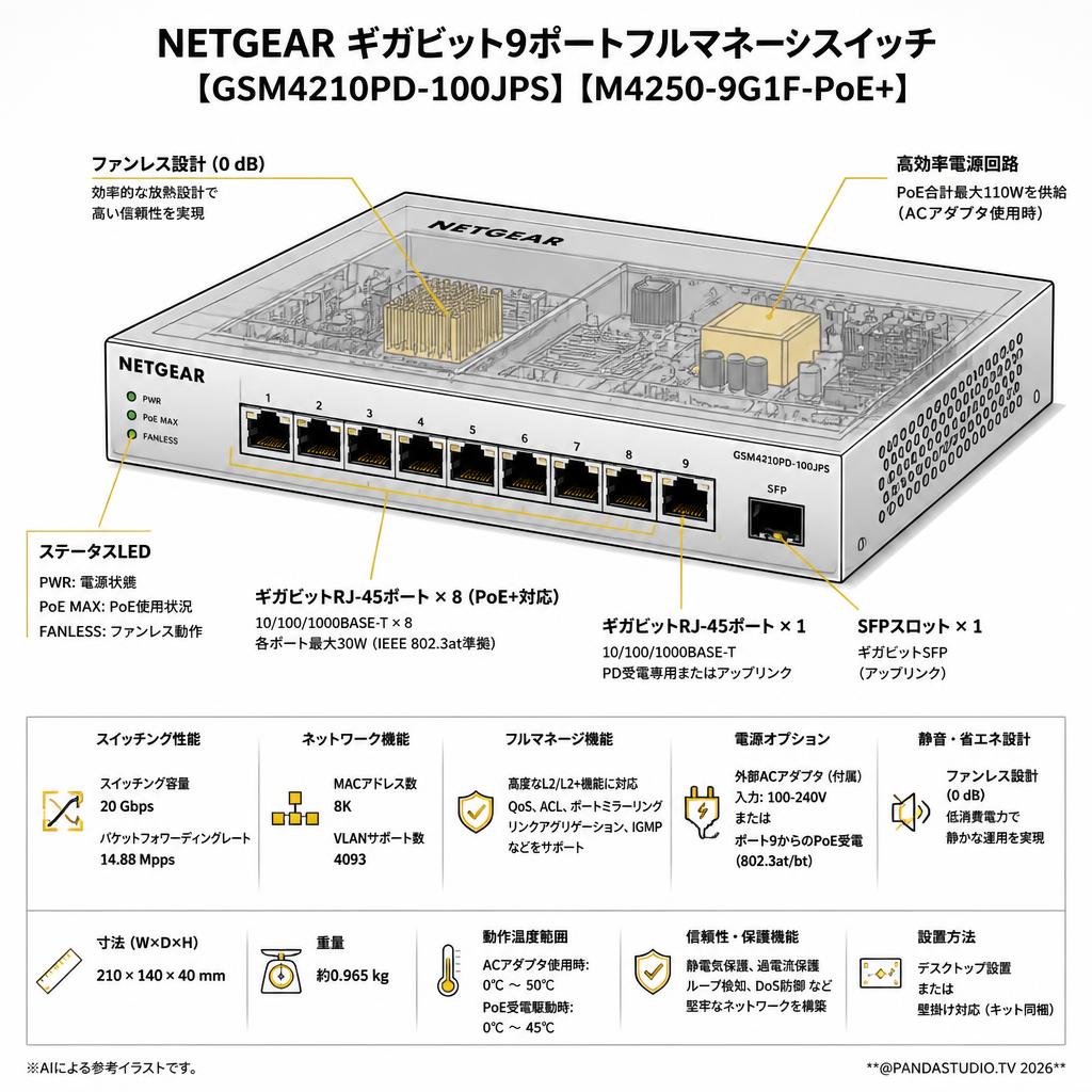 NETGEAR   ギガビット9ポートフルマネージスイッチ【 GSM4210PD-100JPS】【M4250-9G1F-PoE+】 スペック