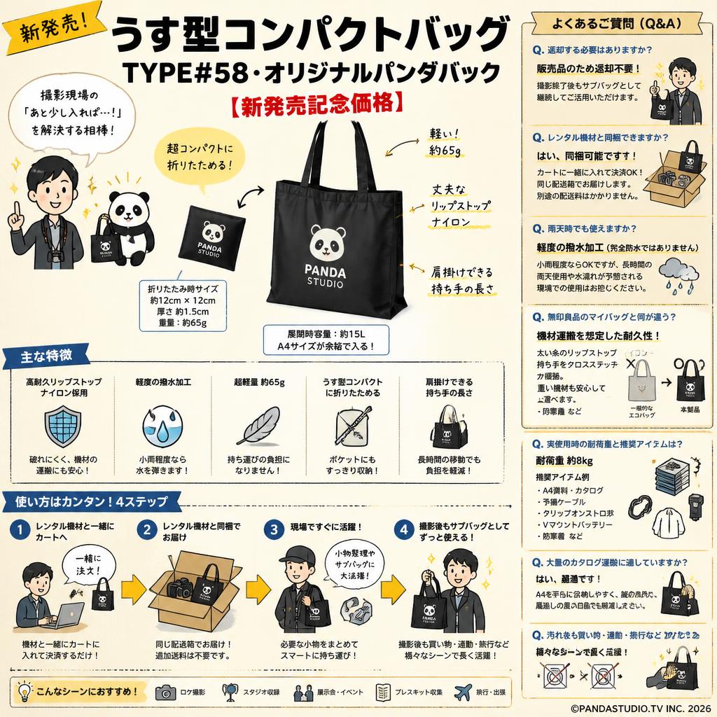 うす型コンパクトバッグ TYPE#58・オリジナルパンダバック【新発売記念価格】 FAQ（よくある質問と答え）