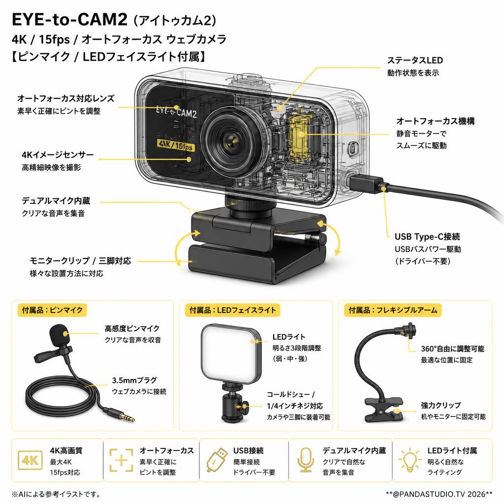 EYE-to-CAM2 (アイトゥカム2) 4K / 15fps / オートフォーカス ウェブカメラ【ピンマイク/ LEDフェイスライト付属】 スペック