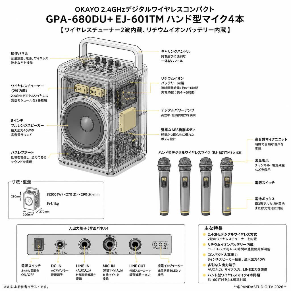 OKAYO 2.4GHzデジタルワイヤレスコンパクト GPA-680DU+ EJ-601TM ハンド型マイク4本【ワイヤレスチューナー2波内蔵、リチウムイオンバッテリー内蔵】 スペック