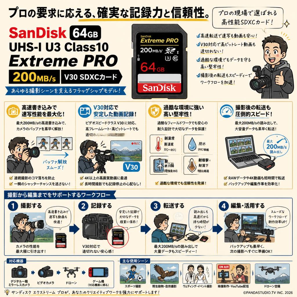 SanDisk 64GB UHS-I U3 Class10  Extreme PRO 200MB/s  V30 SDXCカード 概要
