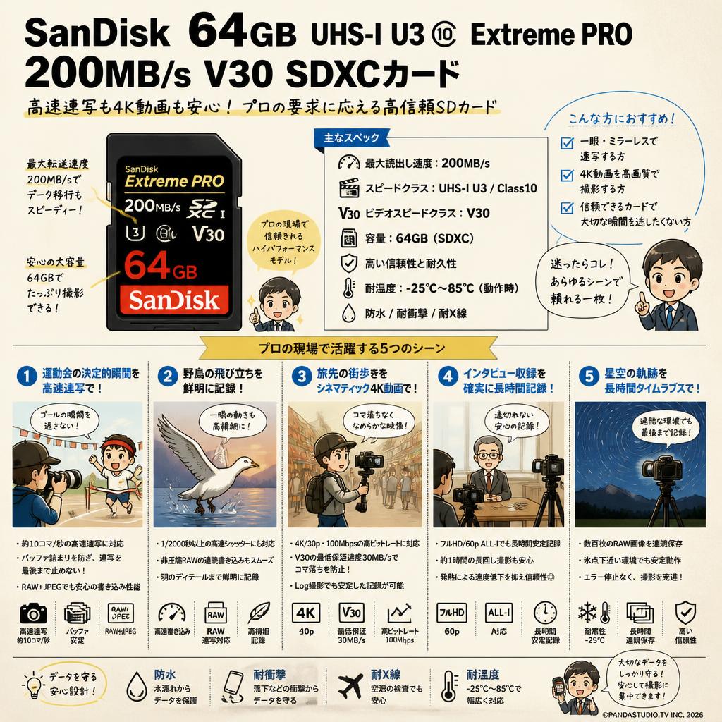 SanDisk 64GB UHS-I U3 Class10  Extreme PRO 200MB/s  V30 SDXCカード 用途