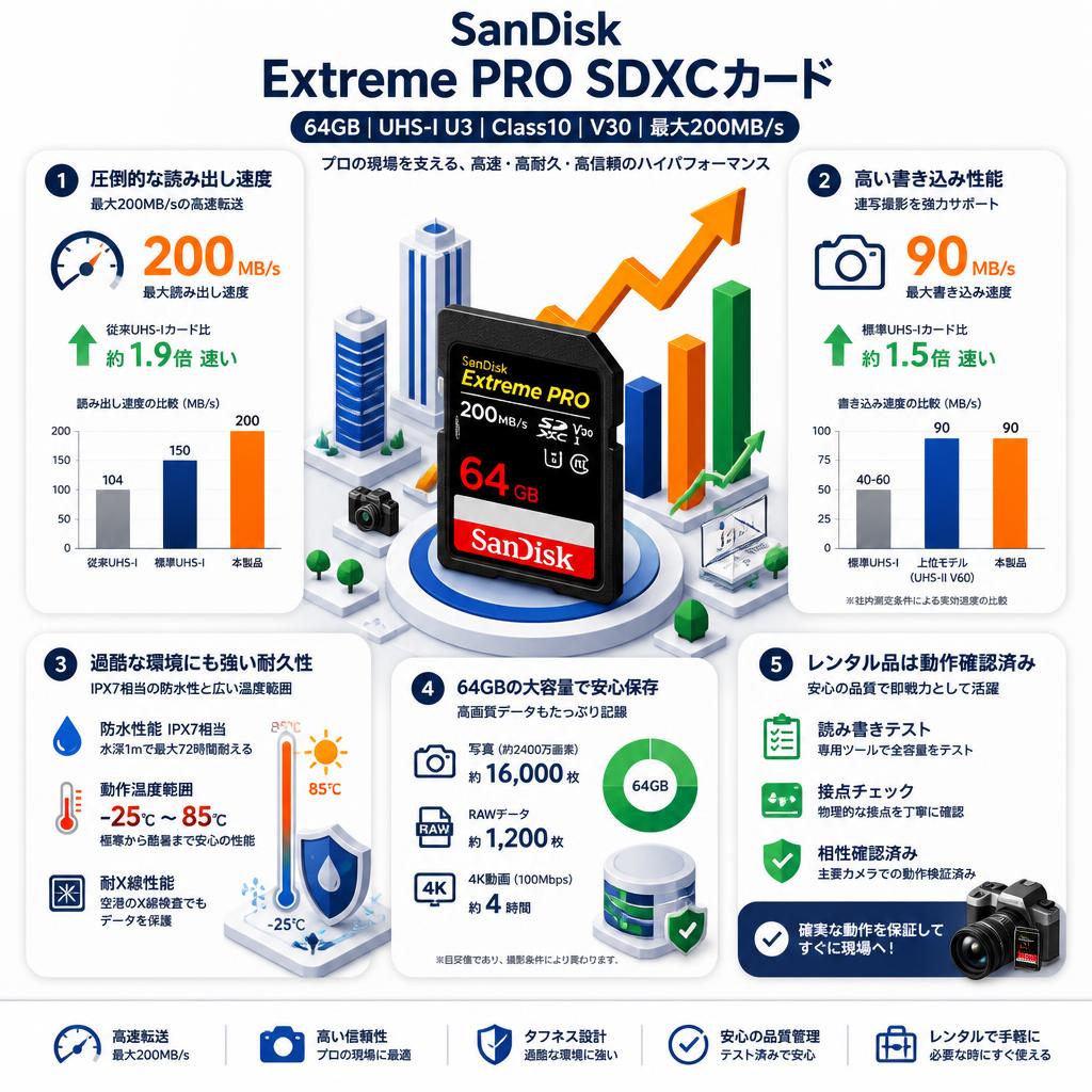 SanDisk 64GB UHS-I U3 Class10  Extreme PRO 200MB/s  V30 SDXCカード セールスポイント
