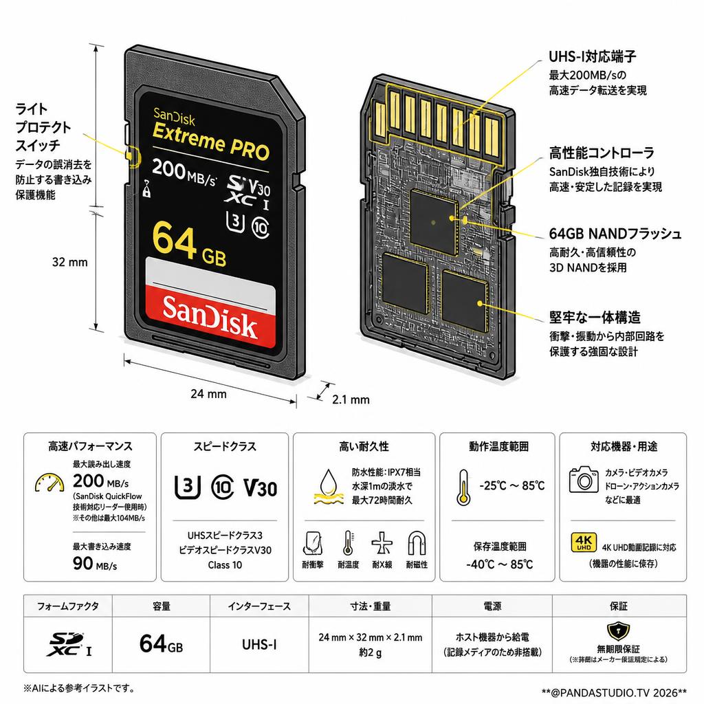 SanDisk 64GB UHS-I U3 Class10  Extreme PRO 200MB/s  V30 SDXCカード スペック