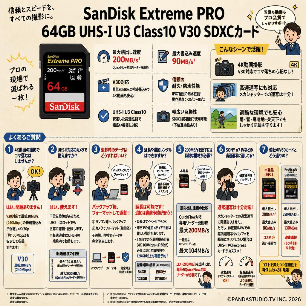 SanDisk 64GB UHS-I U3 Class10  Extreme PRO 200MB/s  V30 SDXCカード FAQ（よくある質問と答え）
