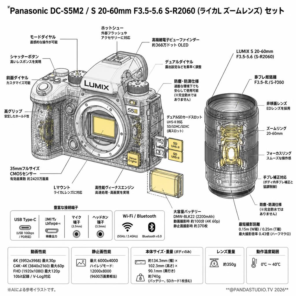 Panasonic DC-S5M2 /  S 20-60mm F3.5-5.6  S-R2060 (ライカL ズームレンズ) セット スペック