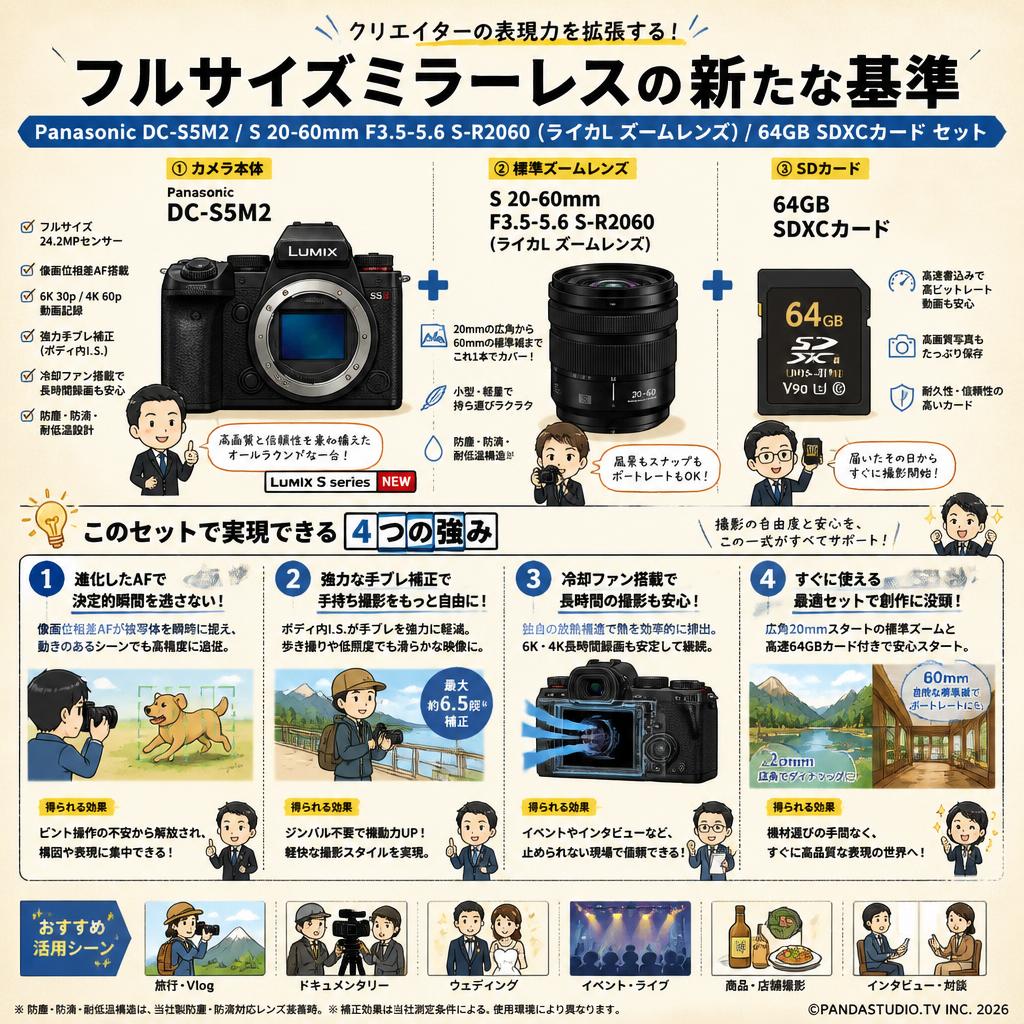 Panasonic DC-S5M2 /  S 20-60mm F3.5-5.6  S-R2060 (ライカL ズームレンズ)  / 64GB SDXCカード セット 概要