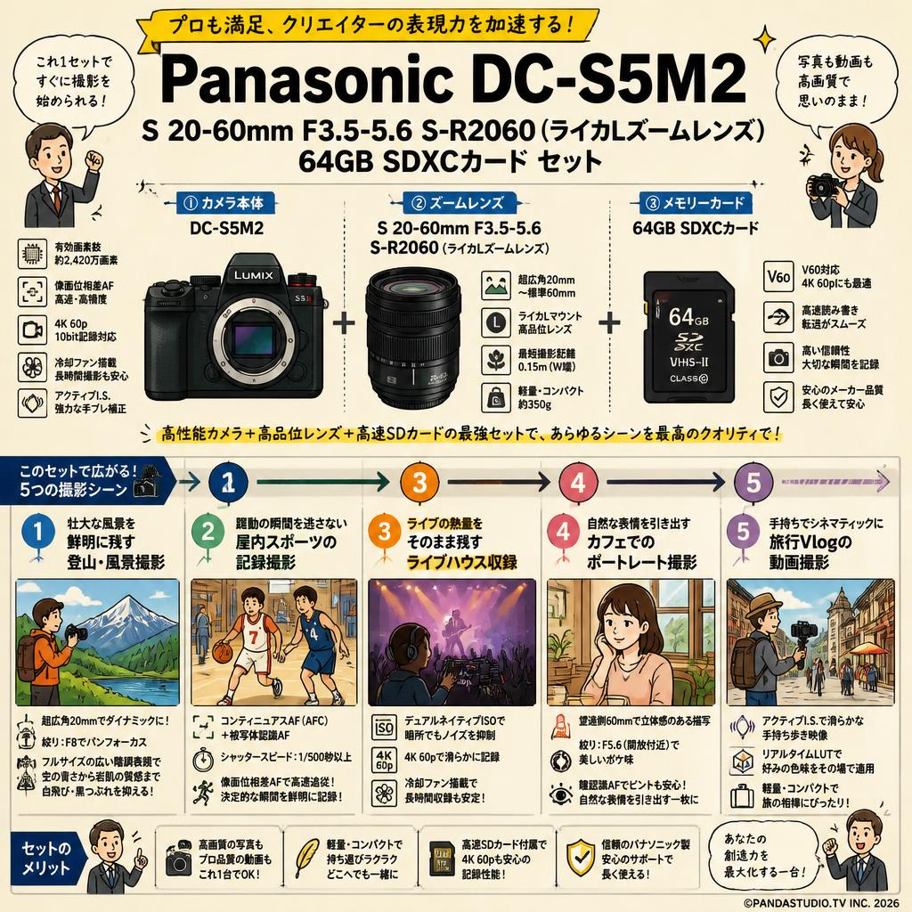 Panasonic DC-S5M2 /  S 20-60mm F3.5-5.6  S-R2060 (ライカL ズームレンズ)  / 64GB SDXCカード セット 用途