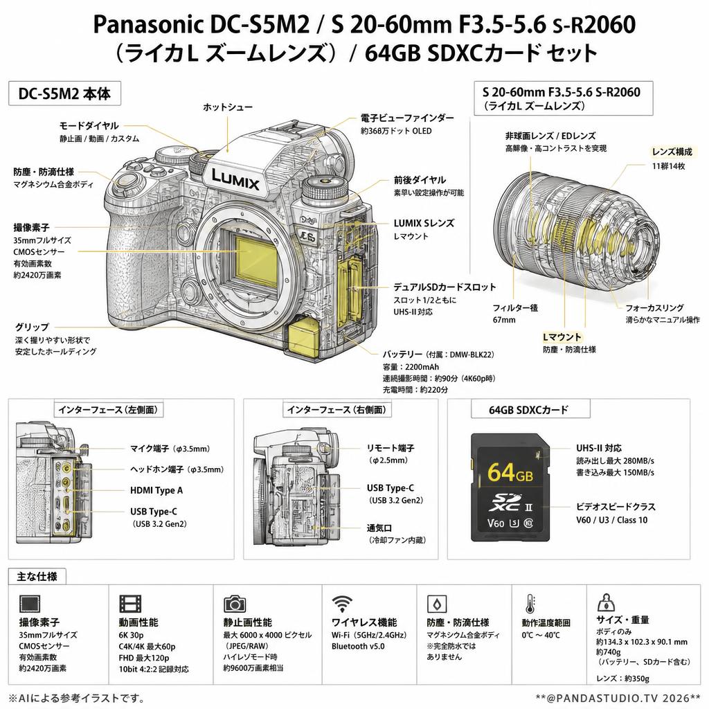 Panasonic DC-S5M2 /  S 20-60mm F3.5-5.6  S-R2060 (ライカL ズームレンズ)  / 64GB SDXCカード セット スペック