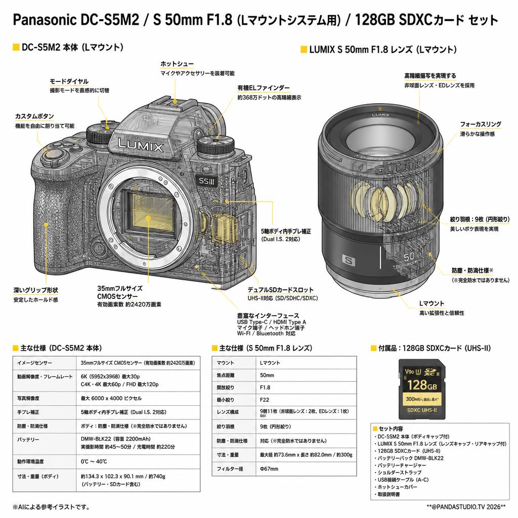 Panasonic DC-S5M2 / S 50mm F1.8 (Lマウントシステム用) / 128GB SDXCカード セット スペック