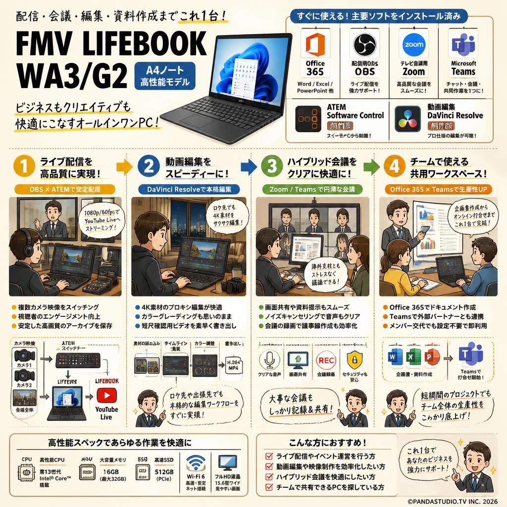FMV LIFEBOOK WA3/G2 A4ノート高性能モデル【 Office365 / 配信用OBS / テレビ会議用Zoom / Microsoft Teams / ATEM Software Control / 無償版 動画編集DaVinci Resolve インストール済】 用途