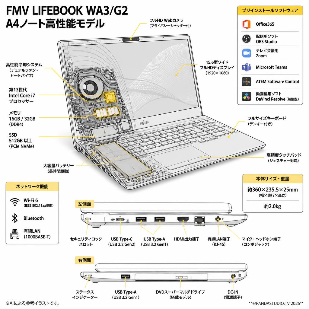 FMV LIFEBOOK WA3/G2 A4ノート高性能モデル【 Office365 / 配信用OBS / テレビ会議用Zoom / Microsoft Teams / ATEM Software Control / 無償版 動画編集DaVinci Resolve インストール済】 スペック