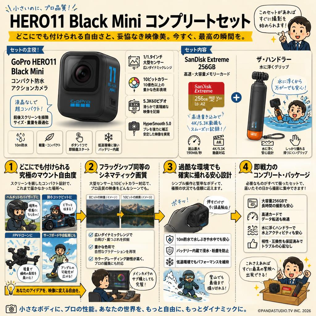 GoPro HERO11 Black Mini コンパクト防水アクションカメラ / SanDisk Extreme 256GB / ザ・ハンドラーセット 概要