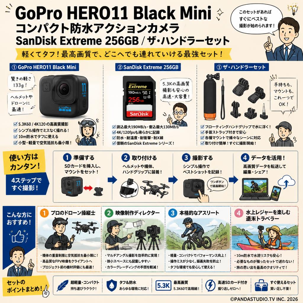 GoPro HERO11 Black Mini コンパクト防水アクションカメラ / SanDisk Extreme 256GB / ザ・ハンドラーセット おもな対象のお客様