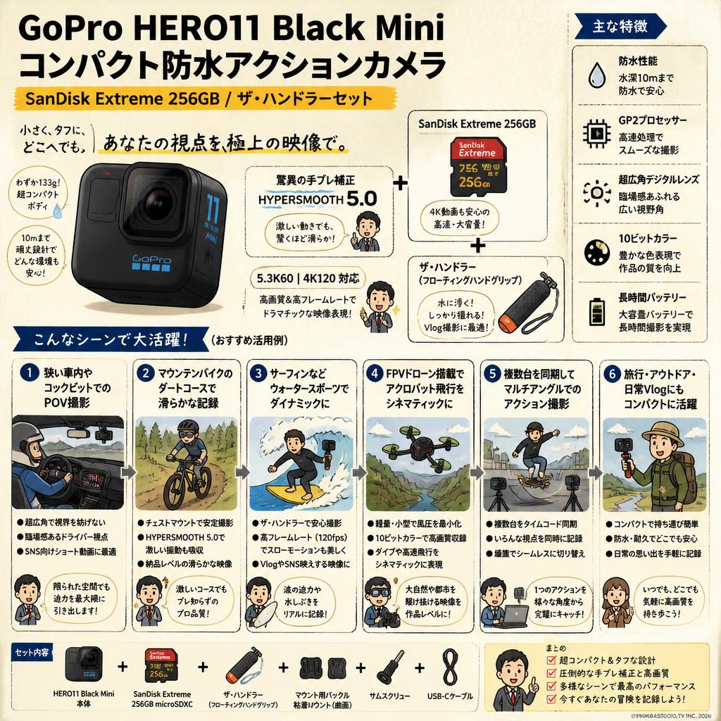 GoPro HERO11 Black Mini コンパクト防水アクションカメラ / SanDisk Extreme 256GB / ザ・ハンドラーセット 用途