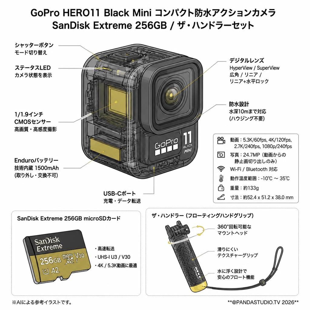 GoPro HERO11 Black Mini コンパクト防水アクションカメラ / SanDisk Extreme 256GB / ザ・ハンドラーセット スペック