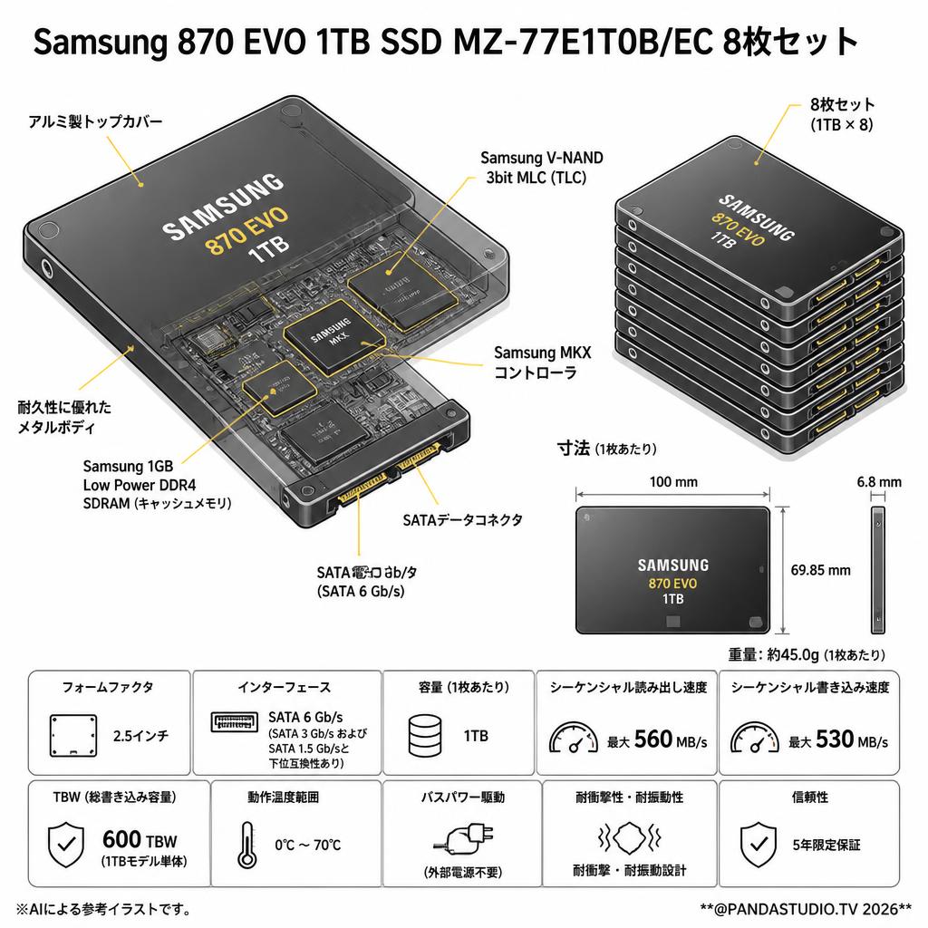 Samsung 870 EVO 1TB SSD MZ-77E1T0B/EC 8枚セット スペック
