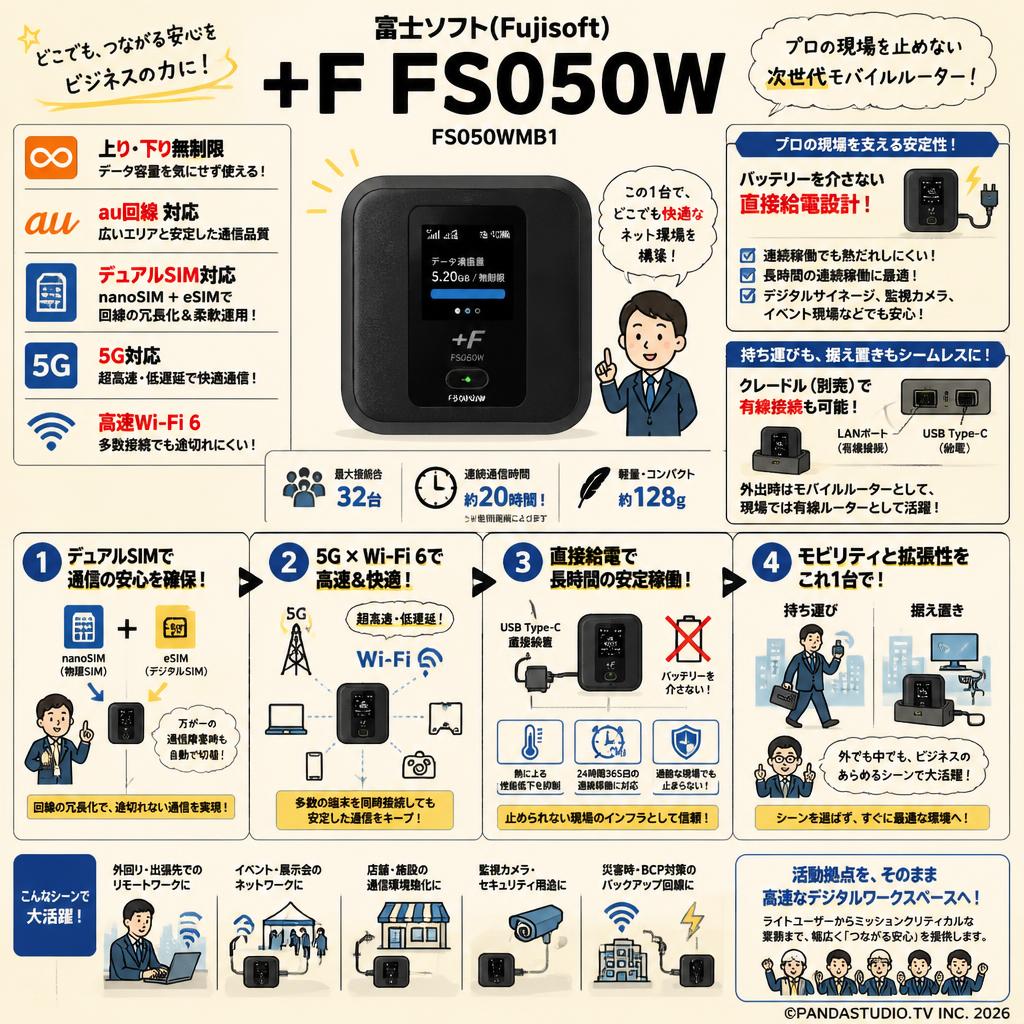 富士ソフト(Fujisoft) 【上り・下り無制限】 au回線 モバイルルーター デュアルSIM対応 5G対応 高速Wi-Fi6 モバイルルーター +F FS050W FS050WMB1 概要