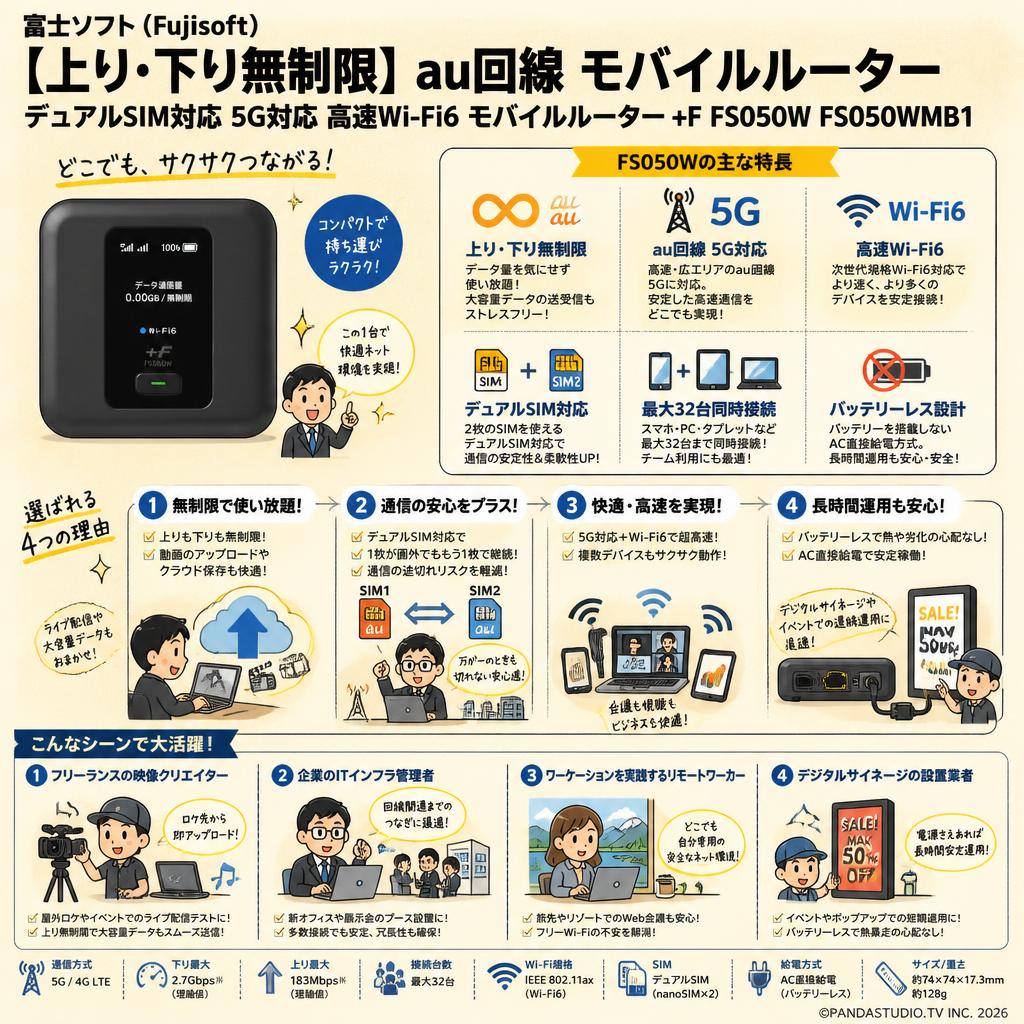 富士ソフト(Fujisoft) 【上り・下り無制限】 au回線 モバイルルーター デュアルSIM対応 5G対応 高速Wi-Fi6 モバイルルーター +F FS050W FS050WMB1 おもな対象のお客様
