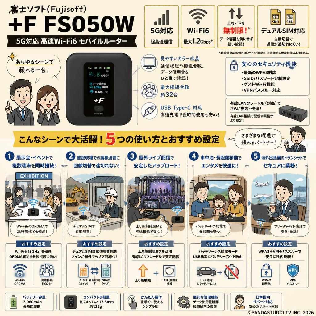 富士ソフト(Fujisoft) 【上り・下り無制限】 au回線 モバイルルーター デュアルSIM対応 5G対応 高速Wi-Fi6 モバイルルーター +F FS050W FS050WMB1 用途