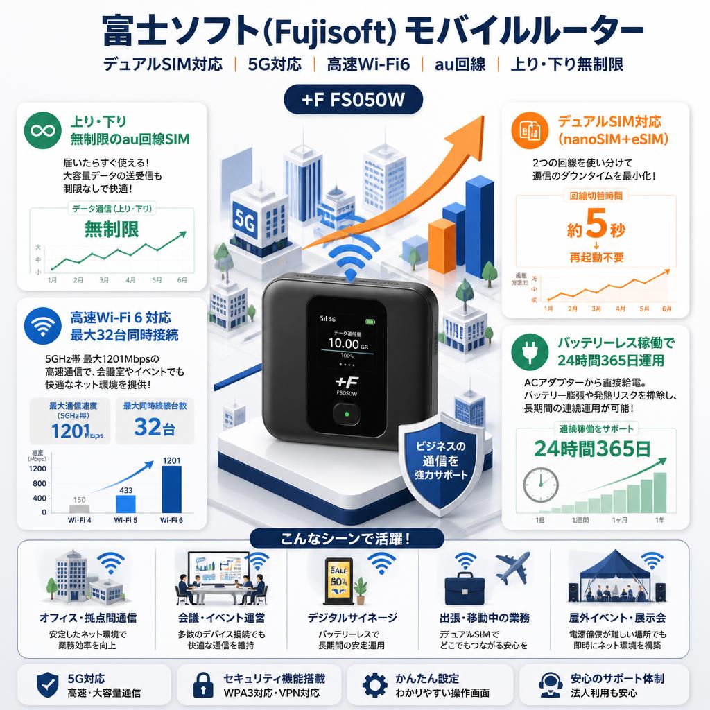 富士ソフト(Fujisoft) 【上り・下り無制限】 au回線 モバイルルーター デュアルSIM対応 5G対応 高速Wi-Fi6 モバイルルーター +F FS050W FS050WMB1 セールスポイント