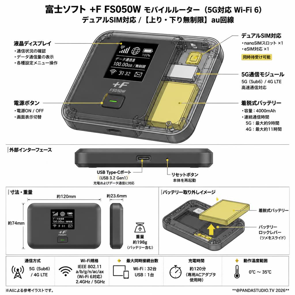 富士ソフト(Fujisoft) 【上り・下り無制限】 au回線 モバイルルーター デュアルSIM対応 5G対応 高速Wi-Fi6 モバイルルーター +F FS050W FS050WMB1 スペック