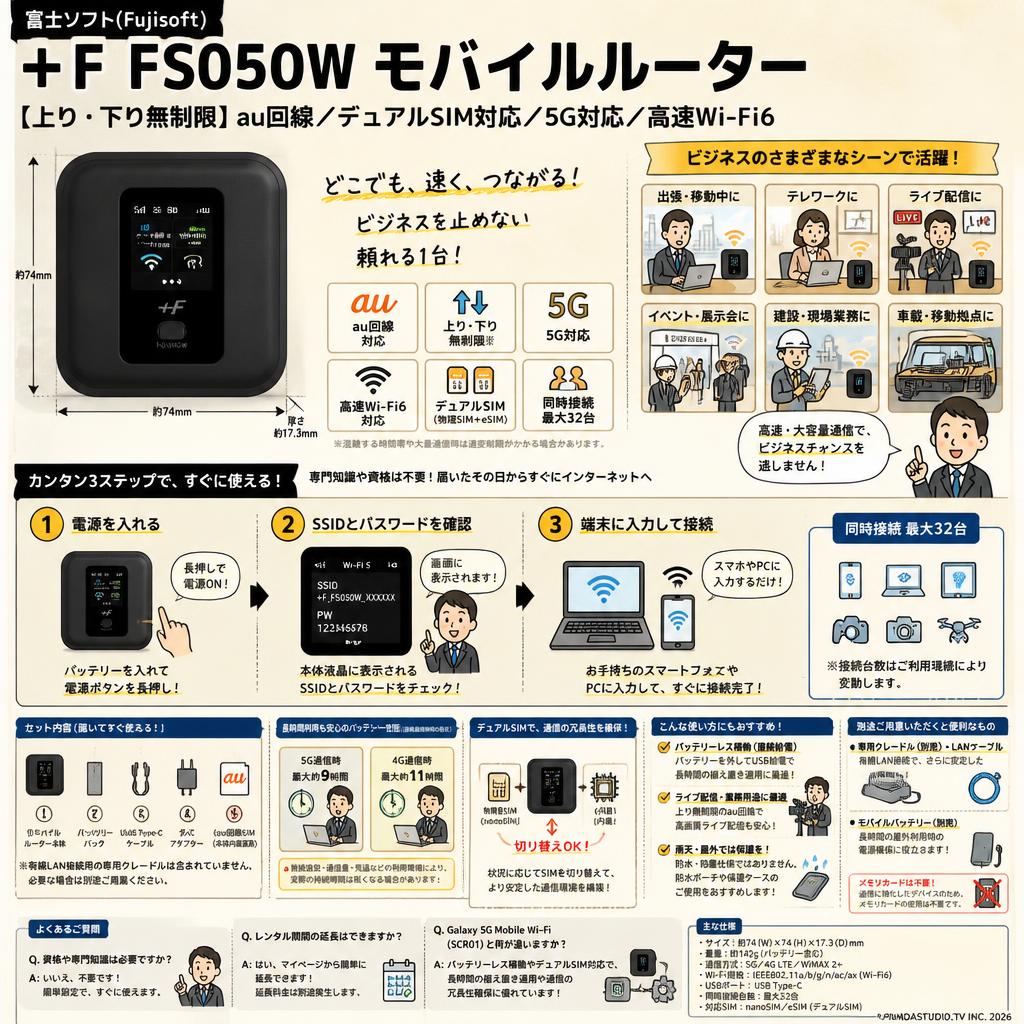 富士ソフト(Fujisoft) 【上り・下り無制限】 au回線 モバイルルーター デュアルSIM対応 5G対応 高速Wi-Fi6 モバイルルーター +F FS050W FS050WMB1 FAQ（よくある質問と答え）