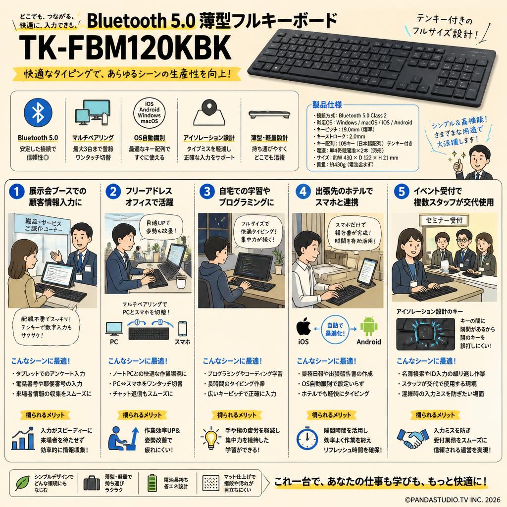 Bluetooth 5.0 薄型フルキーボード TK-FBM120KBK 用途