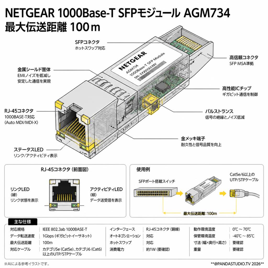 NETGEAR 1000Base-T SFPモジュール AGM734 最大伝送距離 100ｍ スペック