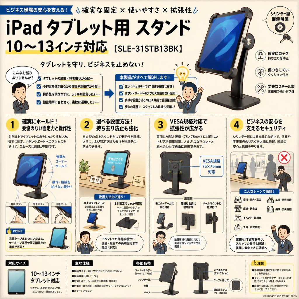 iPad タブレット用  スタンド10～13インチ対応【SLE-31STB13BK】 概要
