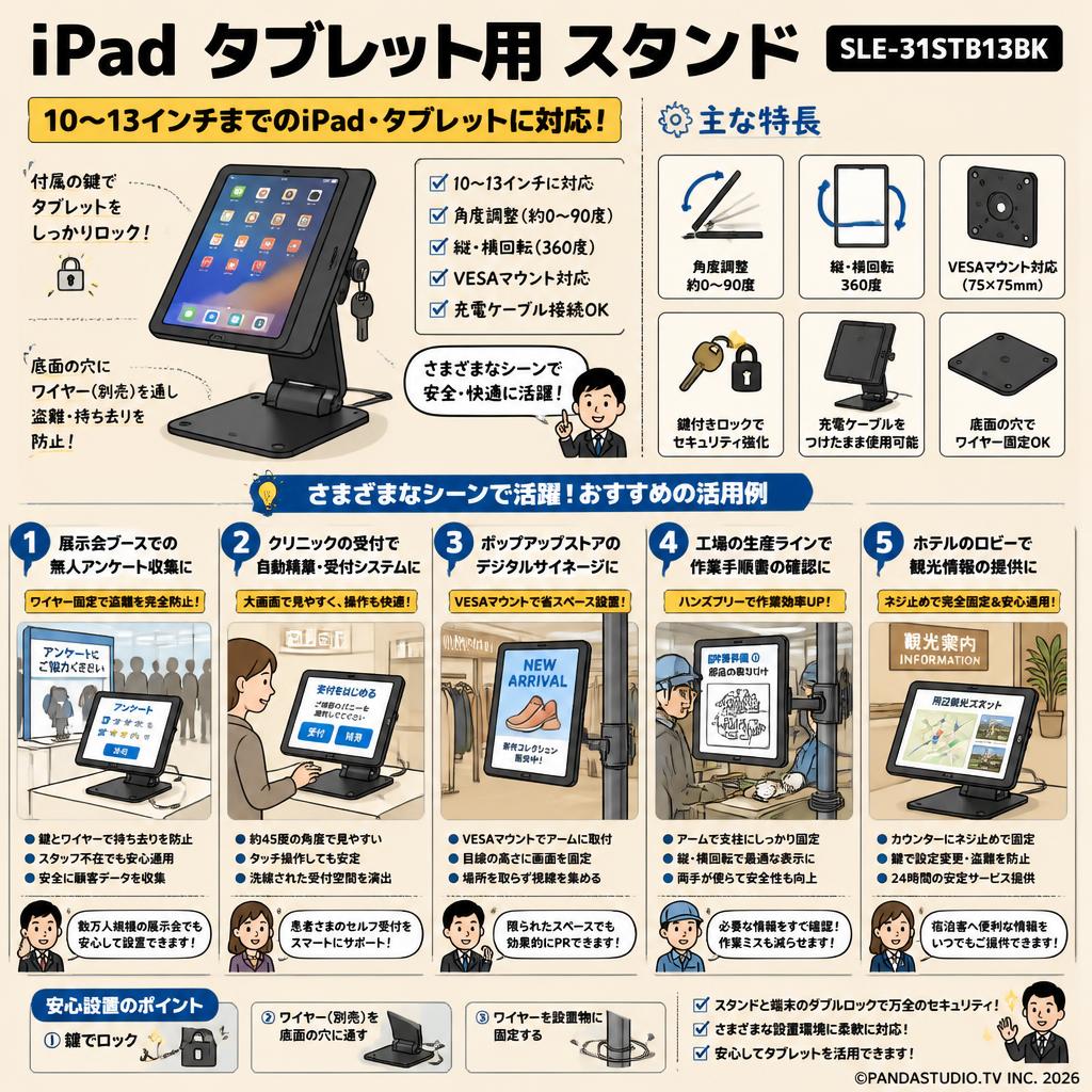 iPad タブレット用  スタンド10～13インチ対応【SLE-31STB13BK】 用途