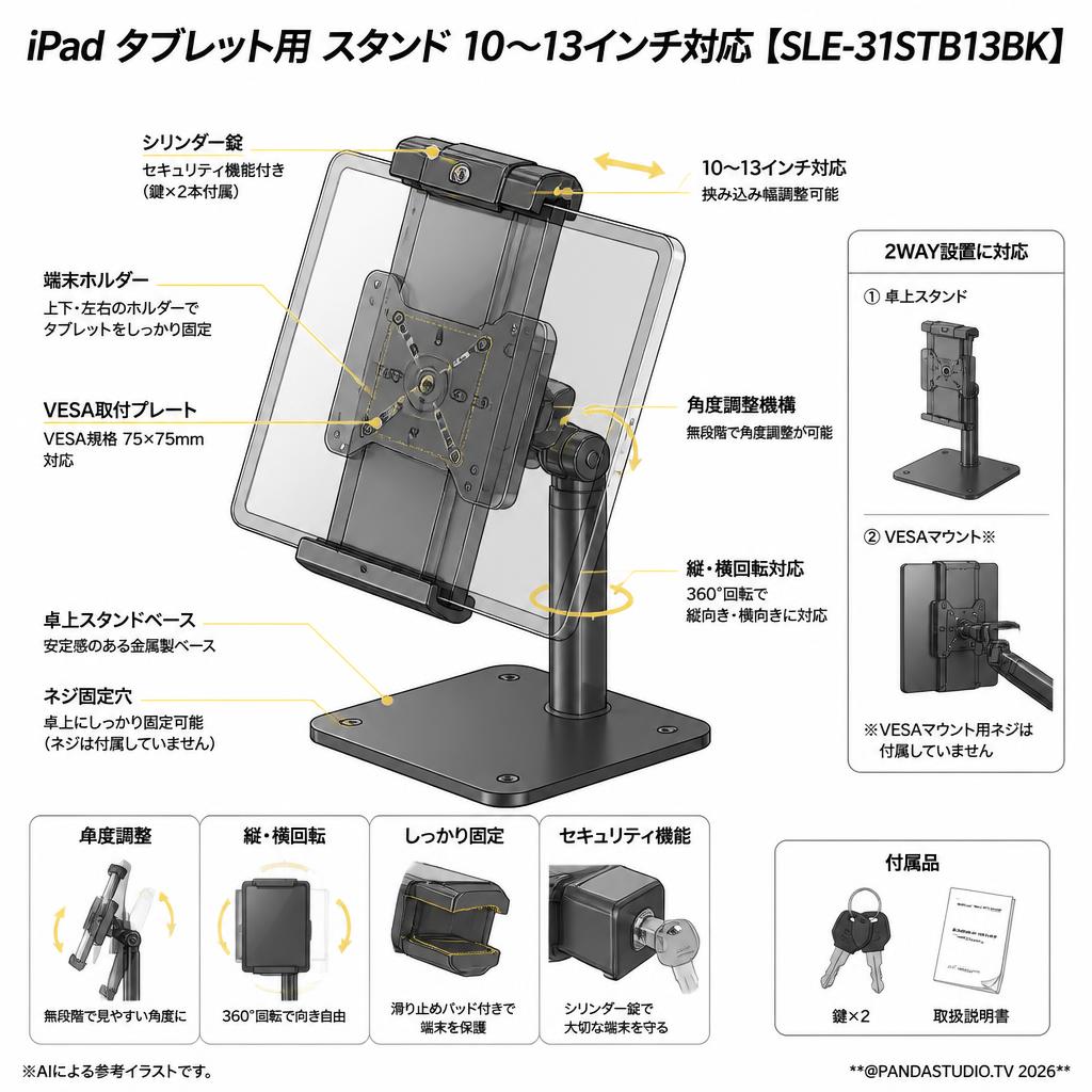 iPad タブレット用  スタンド10～13インチ対応【SLE-31STB13BK】 スペック