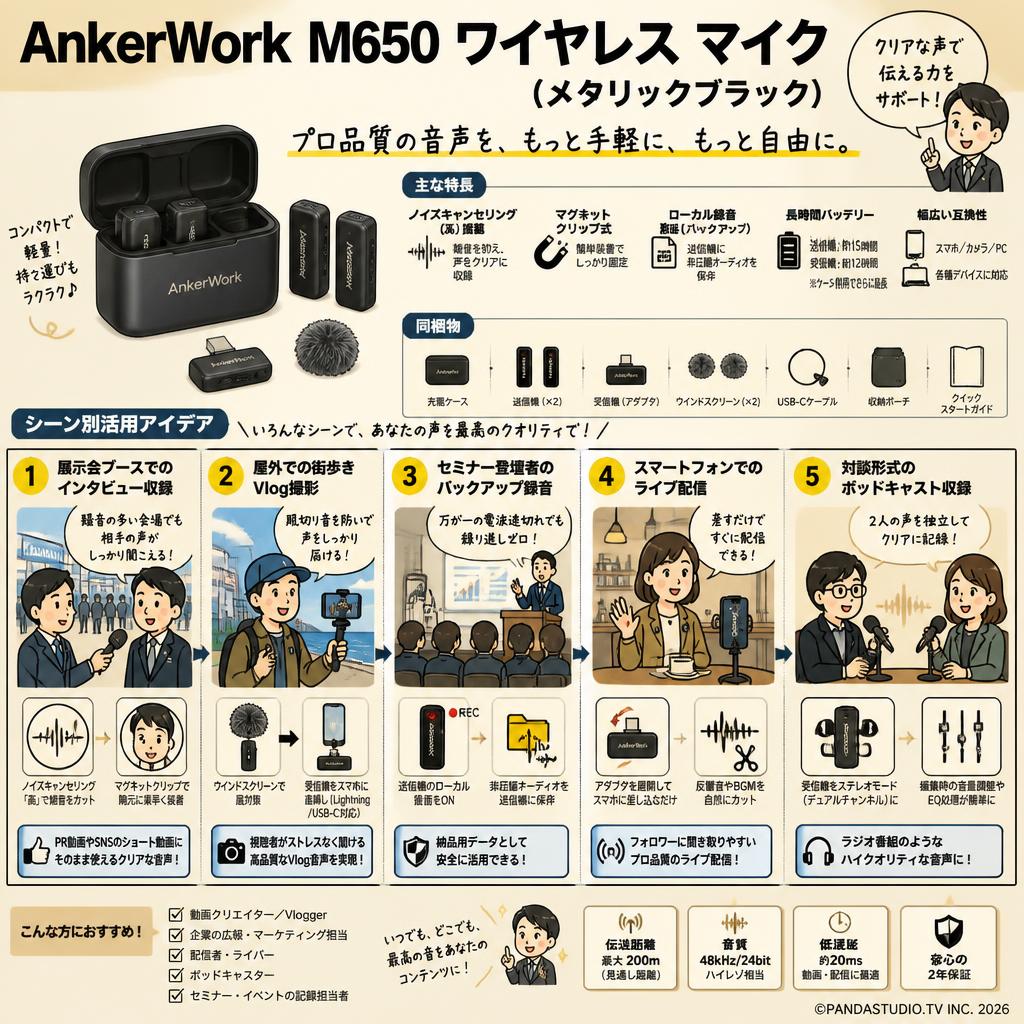 AnkerWork M650 ワイヤレス マイク（メタリックブラック） 用途