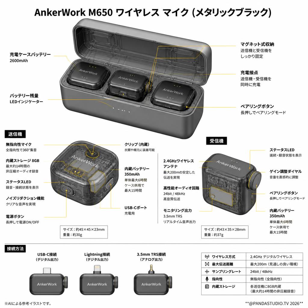 AnkerWork M650 ワイヤレス マイク（メタリックブラック） スペック