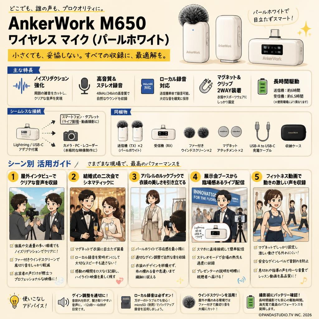 AnkerWork M650 ワイヤレス マイク（パールホワイト） 用途