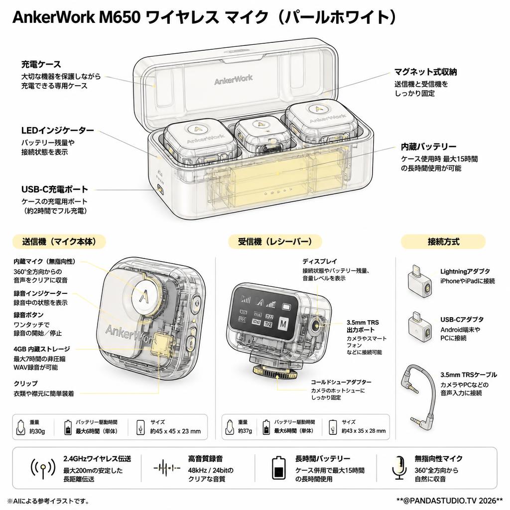 AnkerWork M650 ワイヤレス マイク（パールホワイト） スペック