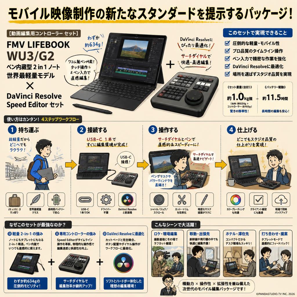 【動画編集用コントローラー セット】FMV LIFEBOOK WU3/G2 ペン内蔵型 2 in 1 ノート世界最軽量モデル / DaVinci Resolve Speed Editor セット 概要