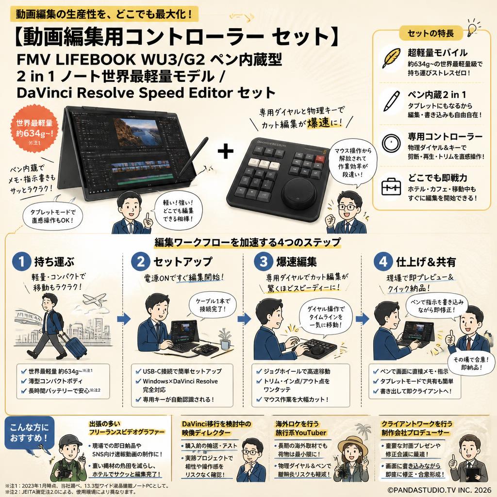 【動画編集用コントローラー セット】FMV LIFEBOOK WU3/G2 ペン内蔵型 2 in 1 ノート世界最軽量モデル / DaVinci Resolve Speed Editor セット おもな対象のお客様