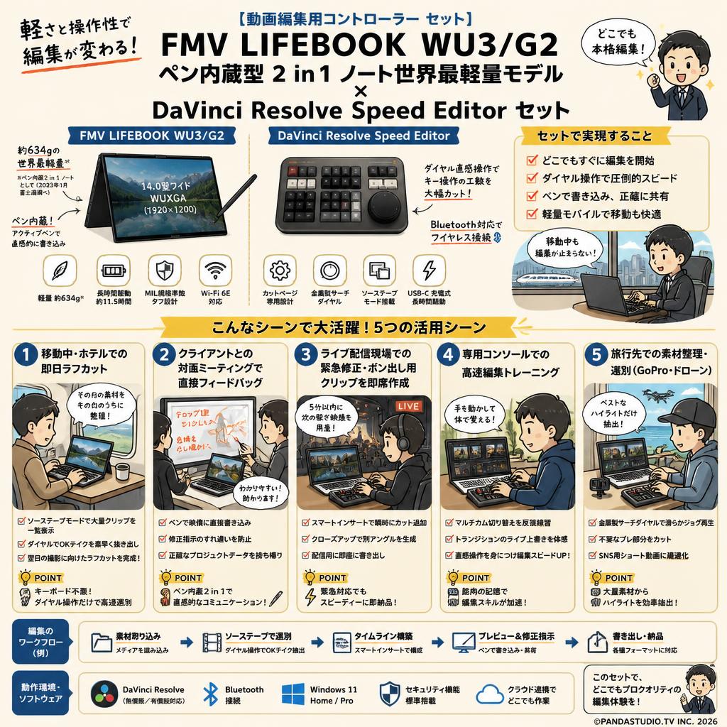 【動画編集用コントローラー セット】FMV LIFEBOOK WU3/G2 ペン内蔵型 2 in 1 ノート世界最軽量モデル / DaVinci Resolve Speed Editor セット 用途