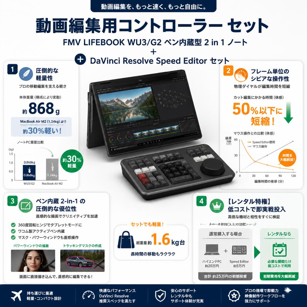 【動画編集用コントローラー セット】FMV LIFEBOOK WU3/G2 ペン内蔵型 2 in 1 ノート世界最軽量モデル / DaVinci Resolve Speed Editor セット セールスポイント