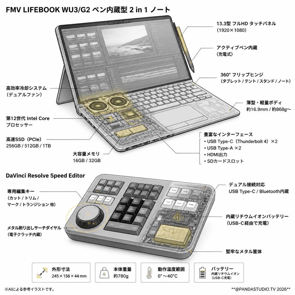 【動画編集用コントローラー セット】FMV LIFEBOOK WU3/G2 ペン内蔵型 2 in 1 ノート世界最軽量モデル / DaVinci Resolve Speed Editor セット スペック