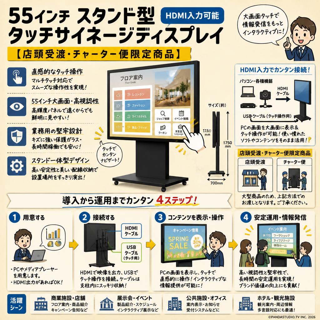 55インチ スタンド型タッチサイネージディスプレイ（HDMI入力可能）【店頭受渡・チャーター便限定商品】 概要