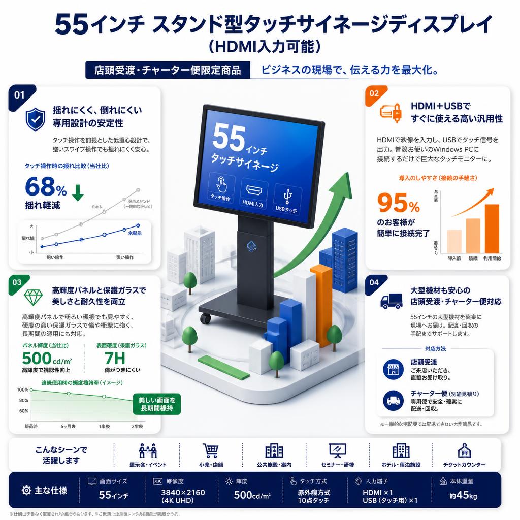 55インチ スタンド型タッチサイネージディスプレイ（HDMI入力可能）【店頭受渡・チャーター便限定商品】 セールスポイント