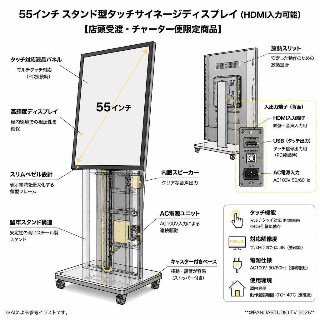 55インチ スタンド型タッチサイネージディスプレイ（HDMI入力可能）【店頭受渡・チャーター便限定商品】 スペック